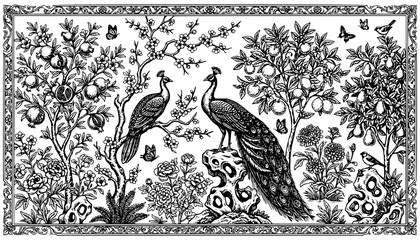 Vintage Chinoiserie Botanical Garden Mural with Peacock Fruit Trees and Floral Panels Vector © abdul