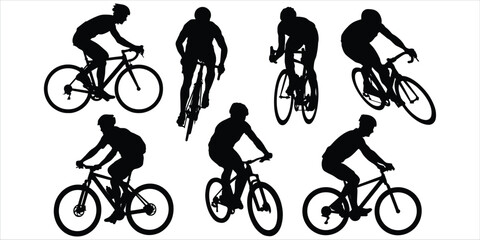 Obraz premium Cyclists Silhouettes on White Background Showing Different Poses and Bicycle Types bicycles various