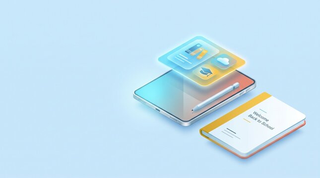 A 3D digital illustration featuring a tablet computer and a textbook on a soft blue background, representing a modern student learning environment with a clean, minimalist, and educational concept