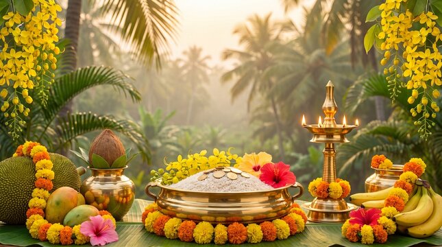 Traditional Kerala Vishu Kani arrangement with brass uruli, lit nilavilakku lamp, and kanikkonna flowers against a misty tropical sunrise background with coconut palm trees.