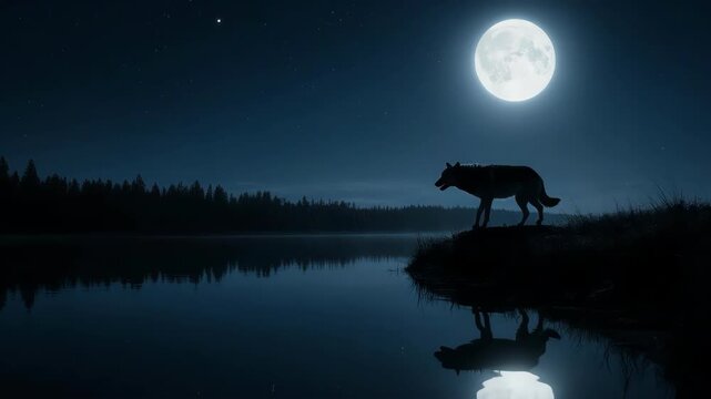 wolf howling with moonlight and a large full moon background, deep night blue tonight