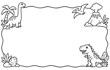 Dinosaur border frame design with cute cartoon prehistoric animals for kids coloring page activity book © Hokyubi