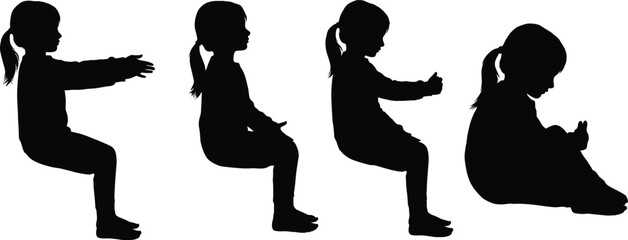 Four Silhouettes Of A Young Girl In Different Seated Poses On White Background child sitting