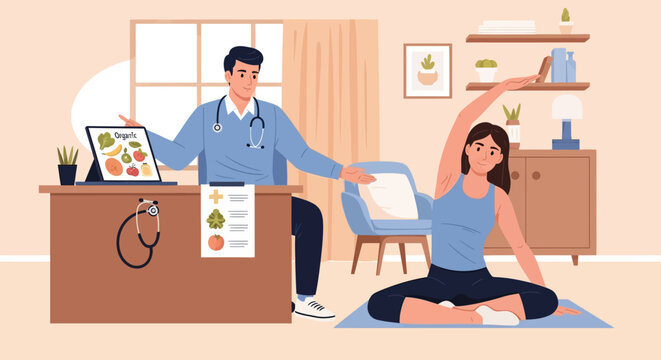 Doctor advises patient on healthy lifestyle and exercise.