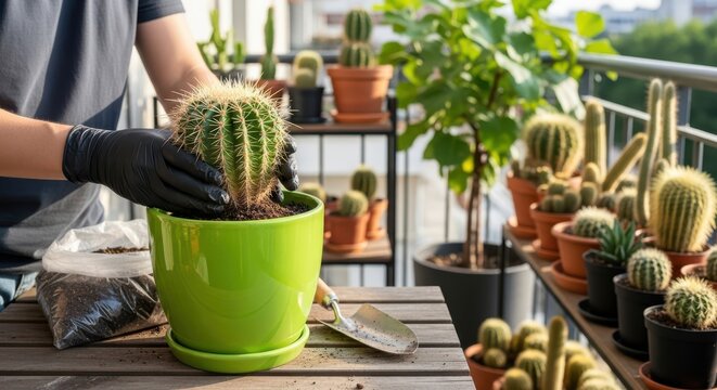 Hands in gloves repotting a prickly cactus into a vibrant green pot for home gardening