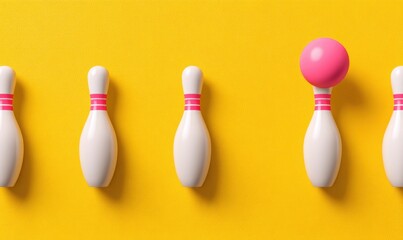 Naklejka premium Bowling pins and ball arranged in a row on a yellow background.