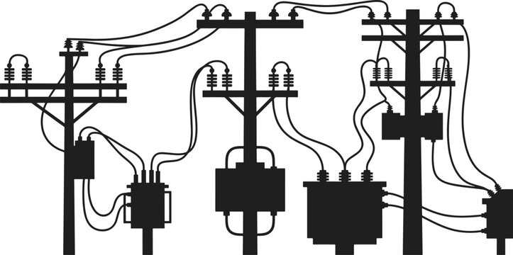 Silhouette of electrical power poles with transformers and wires Keywords: electricity, power, utility, pole, transformer, wire