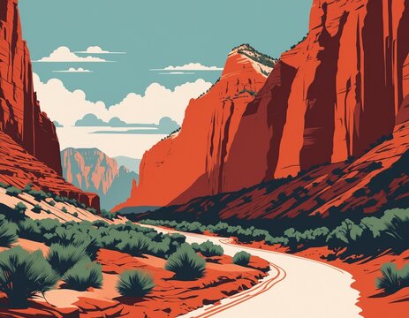 Vintage travel poster style illustration of vintage national park art of zion canyon steep red cliffs
