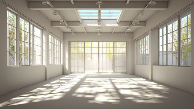 Bright empty loft studio with large windows and natural light.