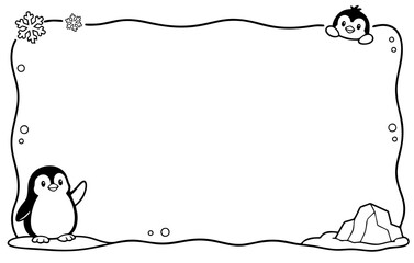 Penguin border frame featuring cute arctic animals with snowflakes and icebergs for children coloring page © Hokyubi