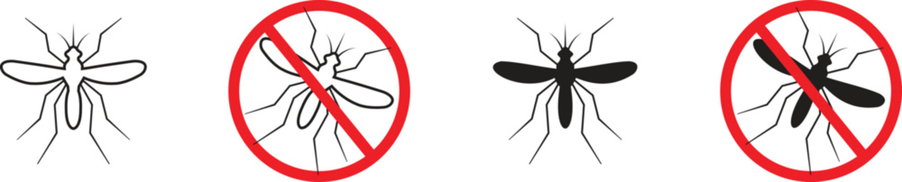 Gnat and midge insect pest control icon set featuring prohibition red warning signs, Solid silhouette and outline vector graphics of bugs, Isolated stop warning elements for exterminator services