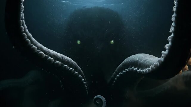 A dramatic close-up showing the textured, massive tentacles of a gargantuan sea creature rising from the murk, accompanied by piercing, glowing eyes. This high-tension asset captures the overwhelming 