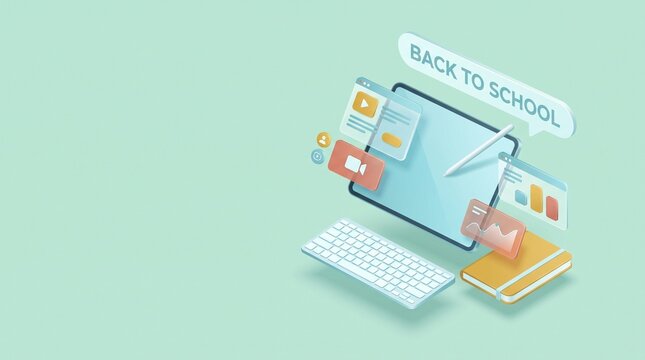 A digital student workspace featuring a tablet with a stylus and a keyboard floating in a soft mint green background for a modern Back to School concept showing remote learning tools