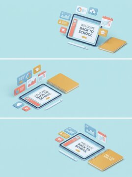 A digital back to school composition showcasing three isometric tablet views with floating educational icons and yellow notebooks on a soft blue background representing modern e-learning