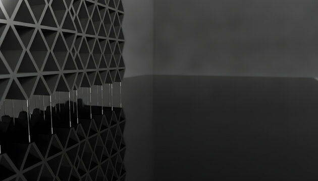 Futuristic silicon-nitride AFM cantilever sensor array on polished black obsidian substrate for advanced microscopy and nanotechnology research.