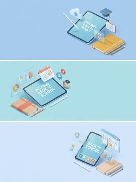 A collection of three isometric digital compositions featuring tablets with back to school messaging surrounded by notebooks and academic icons for modern student learning and educational