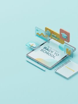 A 3D digital illustration featuring a tablet displaying Welcome Back To School text with floating educational icons and a notebook on a soft blue background representing modern e-learning