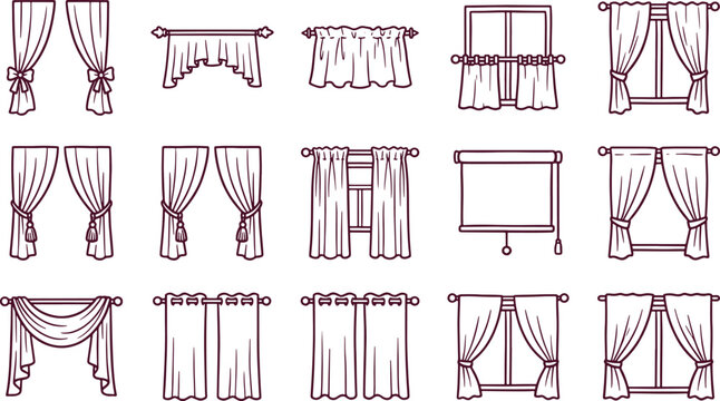 Set of window curtain and blind with various drapes and styles, linear for home interior on white background