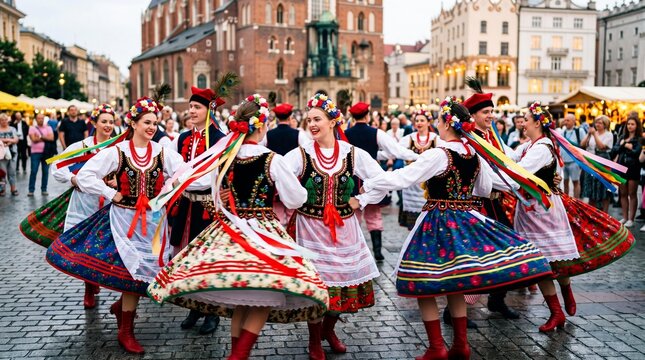 Polish Folk Dancers in Traditional Costumes Performing in Krakow Main Square