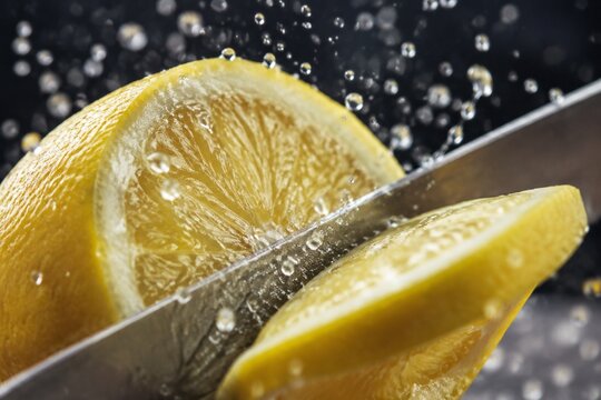 An extreme close-up of a lemon being sliced.