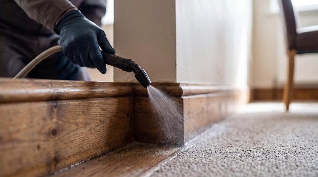 Pest control technician spraying insecticide on skirting board in home