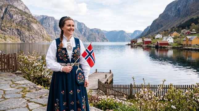 Smiling Norwegian Woman in Traditional Bunad Costume Holding Flag by Fjord