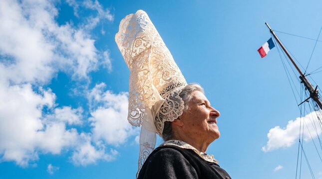 Elderly French woman in traditional Breton lace coiffe headdress under blue sky