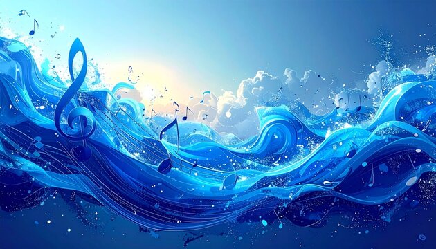 Blue clef music notes key musical border illustration divider clipart, vector stock illustration.