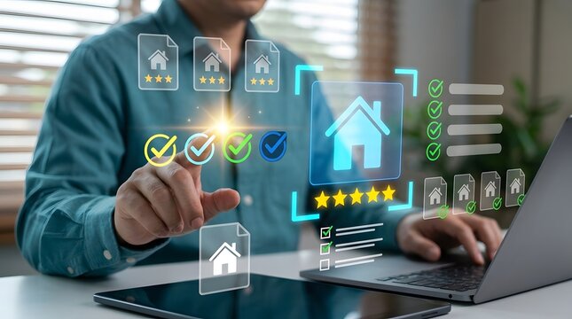 Man using digital interface to evaluate and select property options online