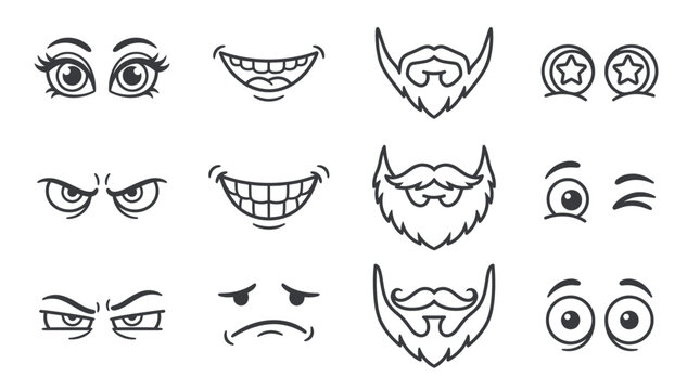 Illustrative eyes, mouths, and beard design elements.