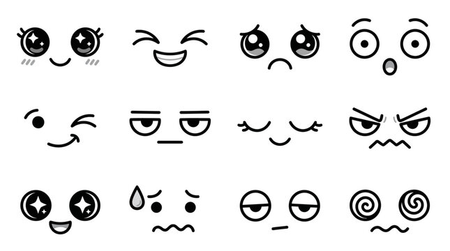 Kawaii cute facial expression doodle set.