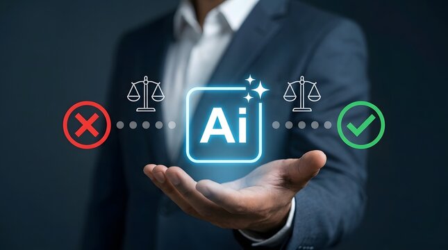 Businessman holding AI ethics and regulation concept with scales of justice and checkmark icons
