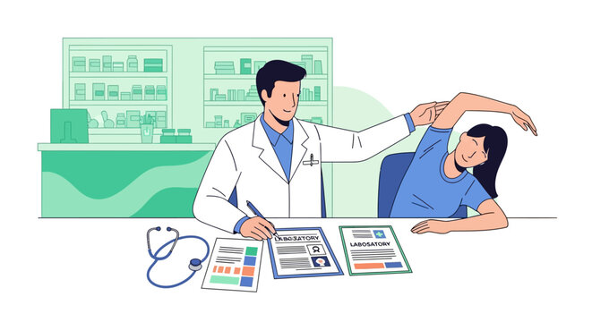 Doctor examining patients arm movement during medical consultation.