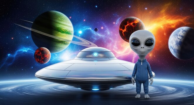 A small friendly alien with large eyes stands next to a polished silver flying saucer in a vibrant cosmic scene full of bright planets, universe, silver, colorful