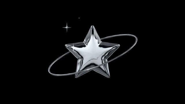 Rotating Chrome Metallic Star with Ring Loop Animation, Y2K Silver 3D Spinning Star Transparent Background