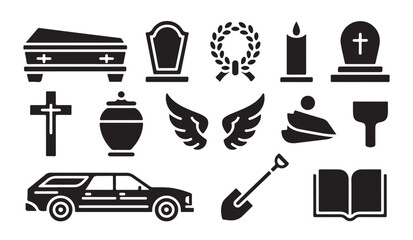 Funeral icon set featuring coffin tombstone wreath candle cross urn angel wings shovel book. © Md Rony