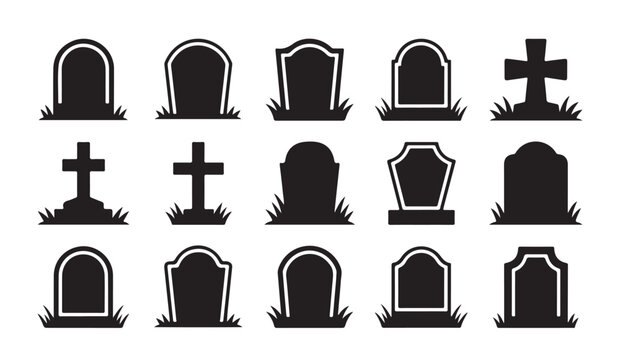 Collection of fifteen diverse gravestone icons standing on grass for funeral illustrations.