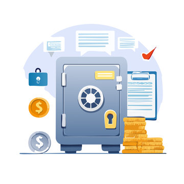 Flat illustration of a safe vault with money and documents