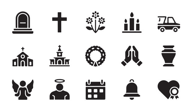 Funeral and memorial service icons with burial gravestones church buildings and mourning.