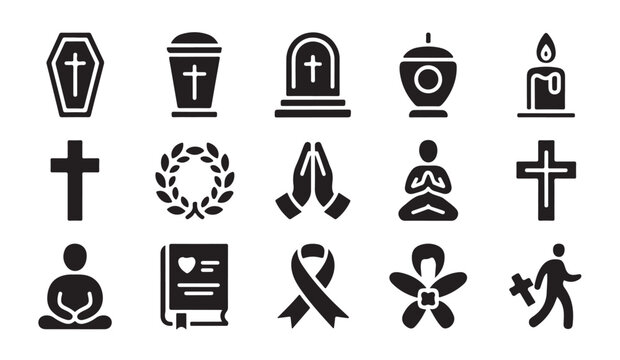 Funeral and mourning related icon set for memorial services with praying hands and ribbons.