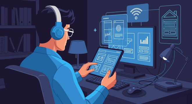 Man wearing headphones working on computer and tablet at night.