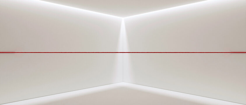 An empty squash court with clean white walls and subtle, modern lighting accentuating the corners and a red line marking the boundary