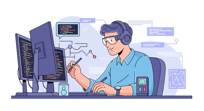 Programmer wearing headphones and glasses working on computer code.