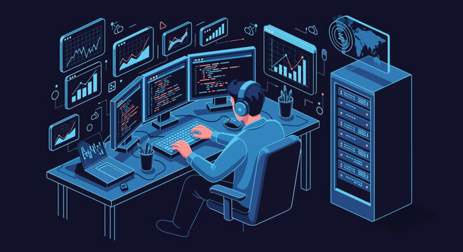 Man working at multiple computer screens displaying data and charts.