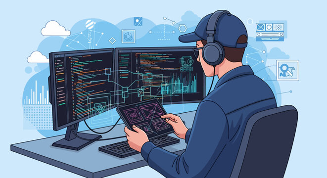 Man wearing headphones and cap working on multiple computer screens.