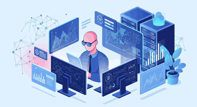 Man working on multiple computer screens with data analysis charts.