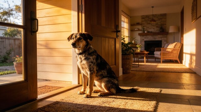 Cute mixed breed dog sitting on doormat at open house entrance during sunset ideal for real estate marketing and welcome home website