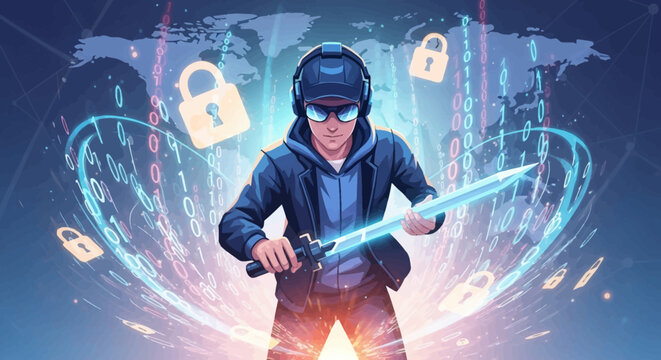 Hacker with glowing sword and digital security locks.