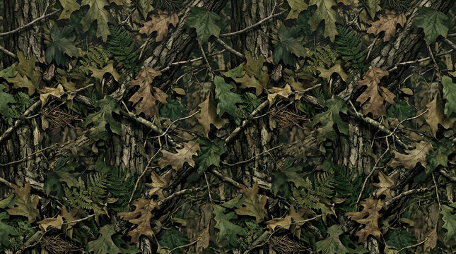 Camouflage forest pattern with oak leaves and tree bark background