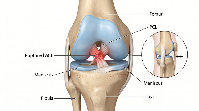 ACL Tear Infographic showing Knee Joint Anatomy and Ligament Injury